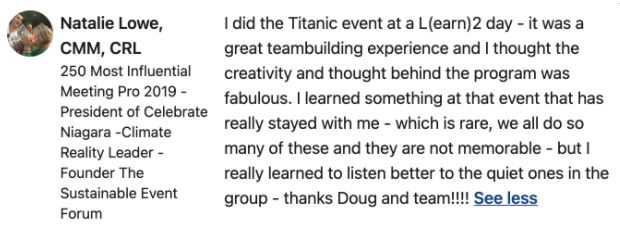Testimonial from Natalie for a Team Building Facilitator by Learn2